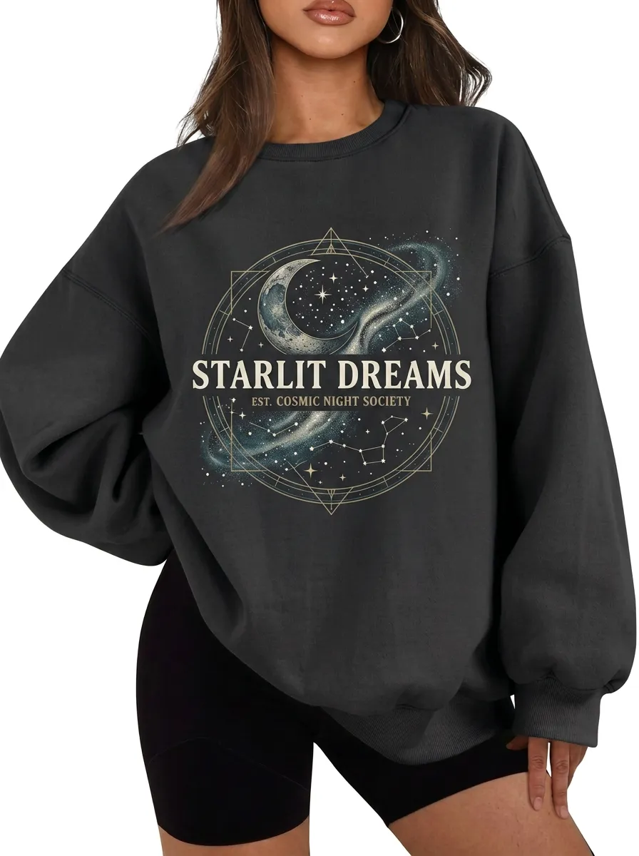 Women's Starlit Dreams Cosmic Moon Constellation Printed T-shirt
