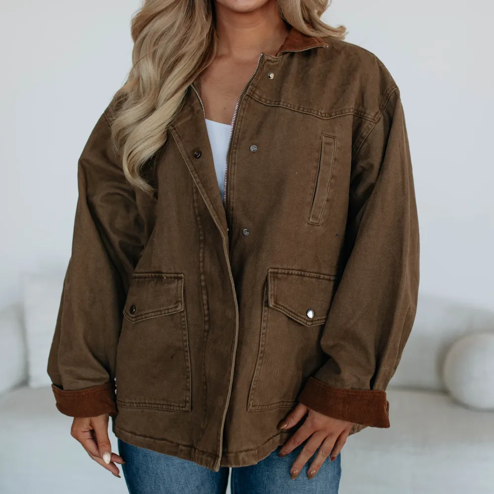 Collared Button-Cuff Corduroy Jacket