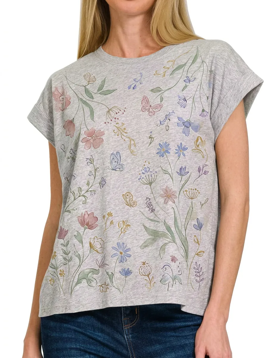 Women's Botanical Butterfly Floral Printed T-shirt