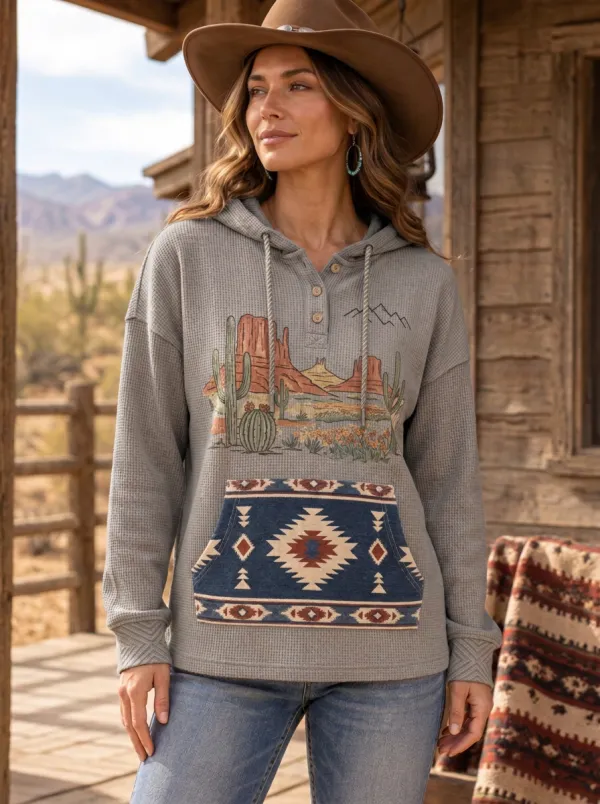 Women's Western Desert Cactus Aztec Pocket Printed Hoodie