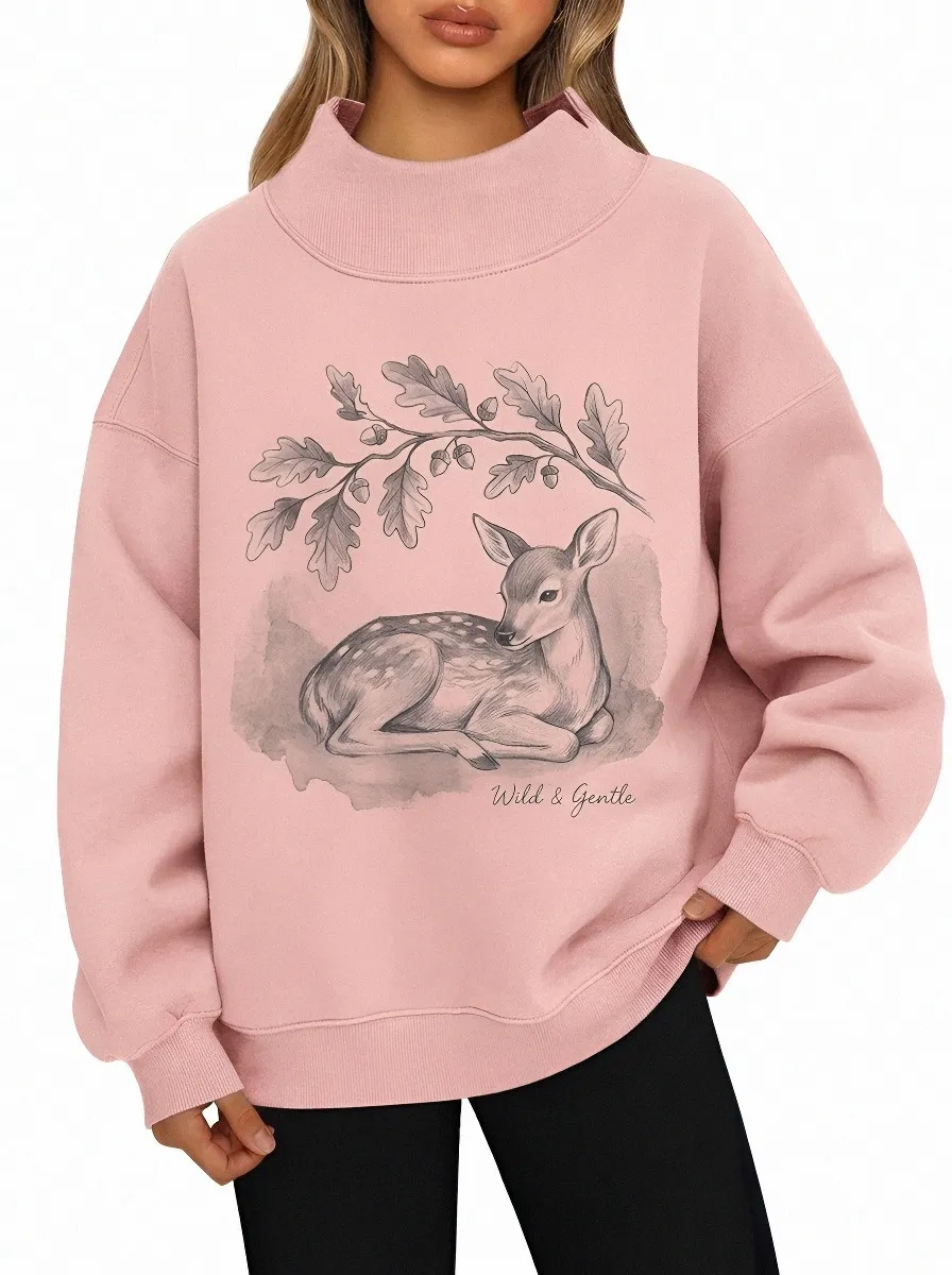 Women's Nature Lover Fawn Oak Leaf Printed Sweatshirt