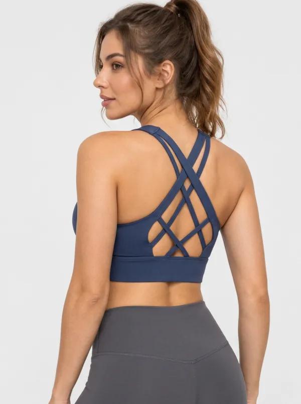 Women's Cross Back Training Bra with Printed Solid Color Detail