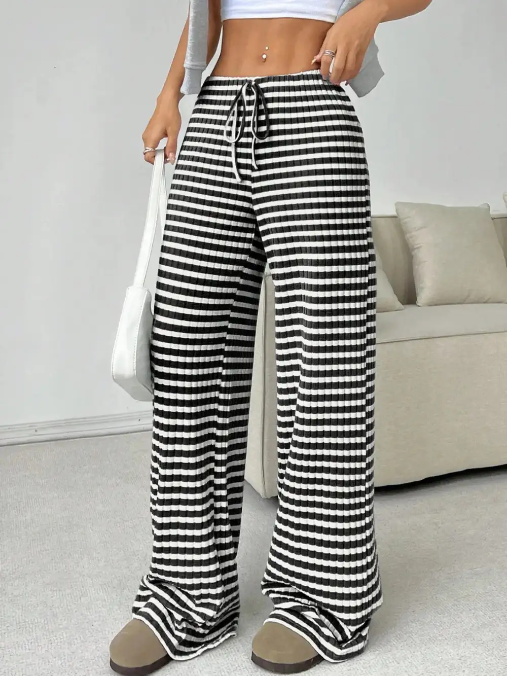 Wide Leg Drawstring Striped Casual Pants
