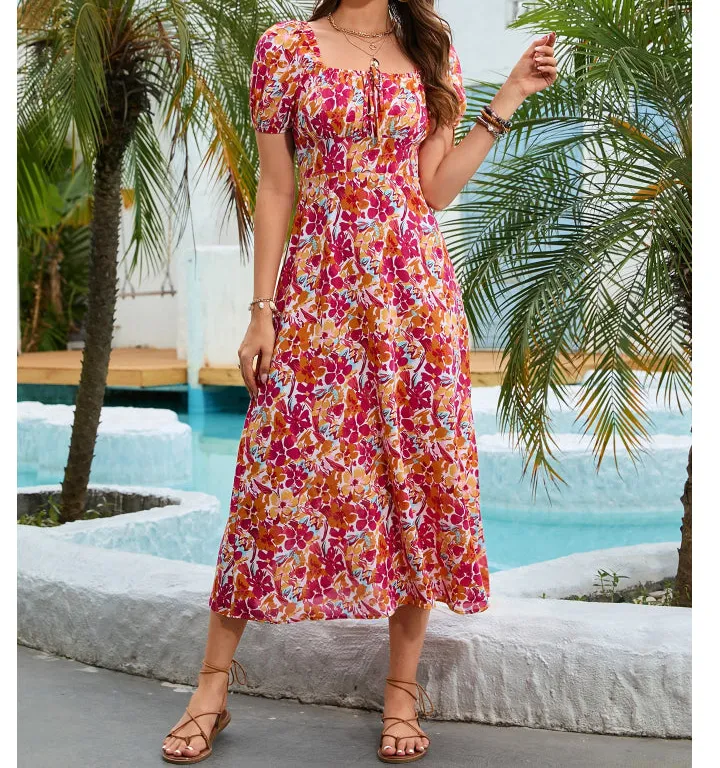Square Neck Short Sleeve Midi Dress