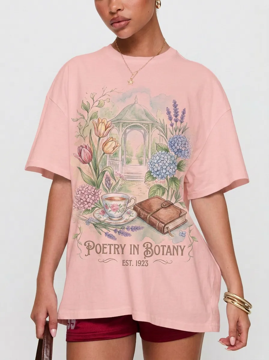 Women's Garden Poetry Botany Floral Tea Book Printed T-shirt