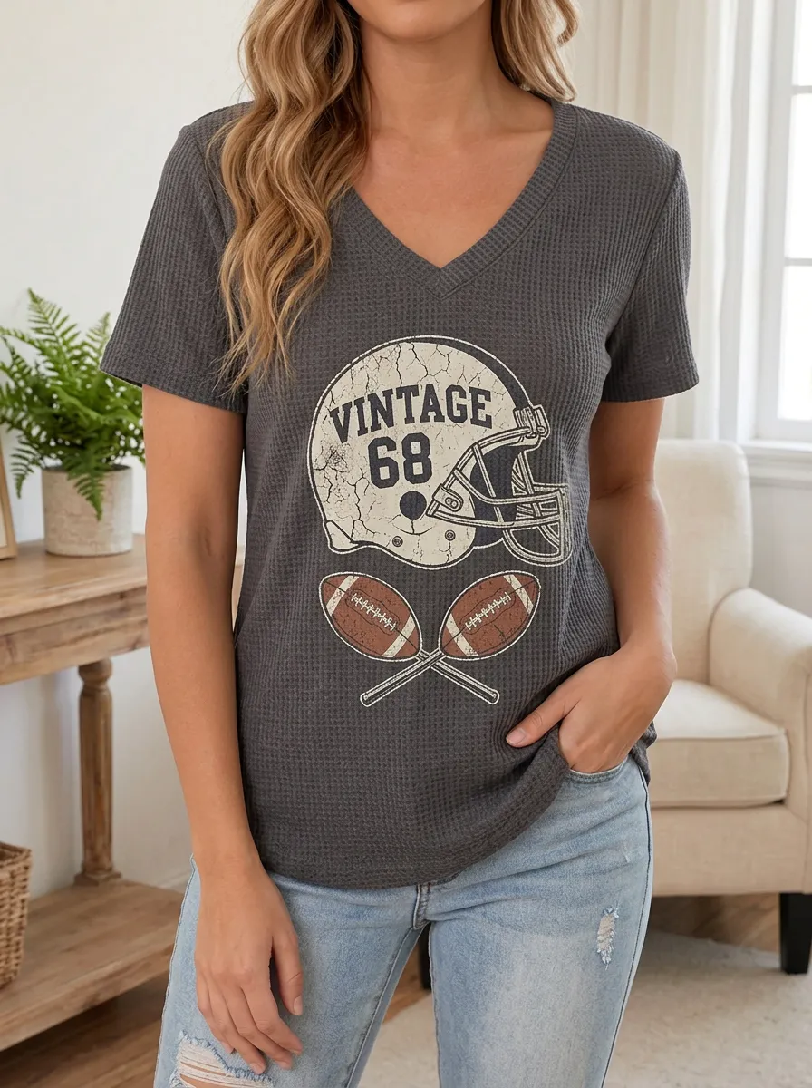 Women's Football Fan Vintage 68 Helmet Printed Waffle Top