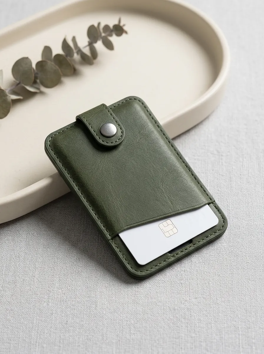 Olive Green Snap Button Leather Phone Card Holder