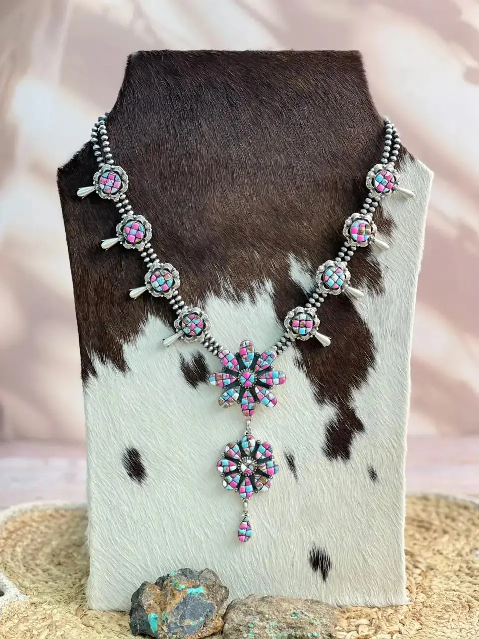 Floral Beaded Drop Turquoise Sterling Silver Necklace