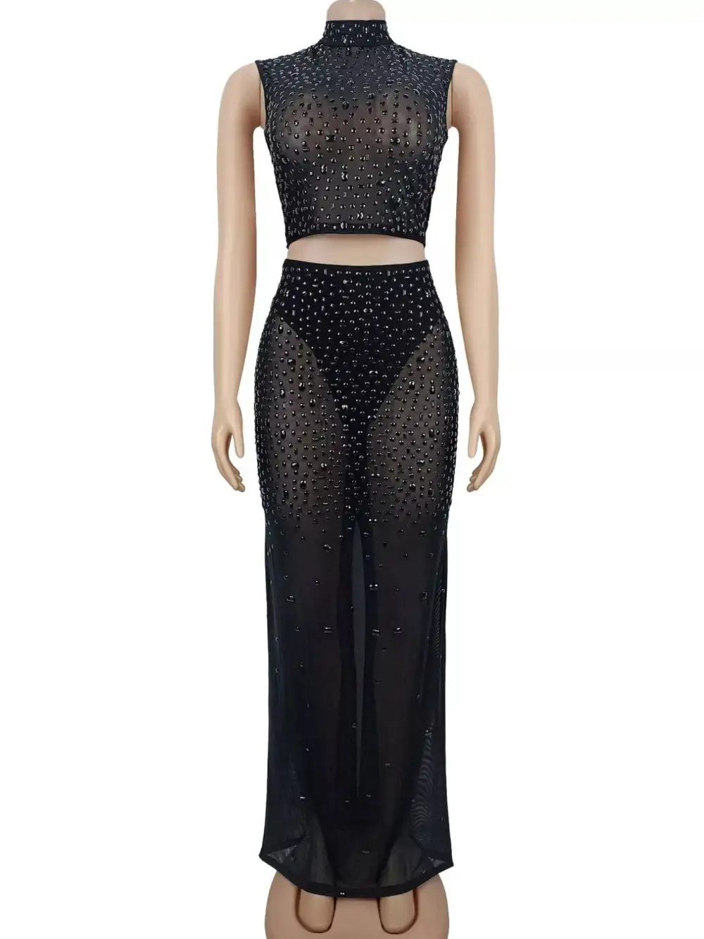 Sleek Rhinestone Sleeveless Top And Skirt Set