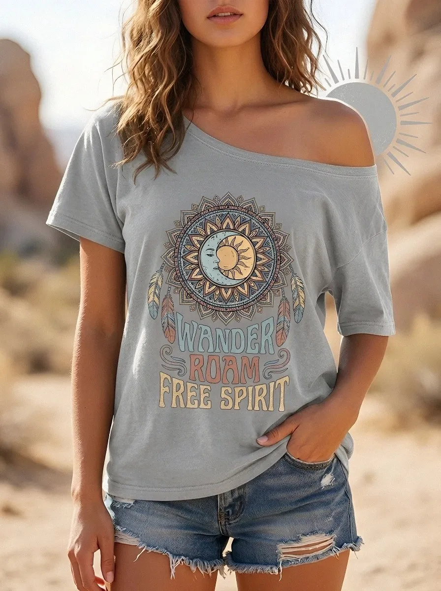 Women's Boho Wanderer Sun Moon Feather Printed T-shirt