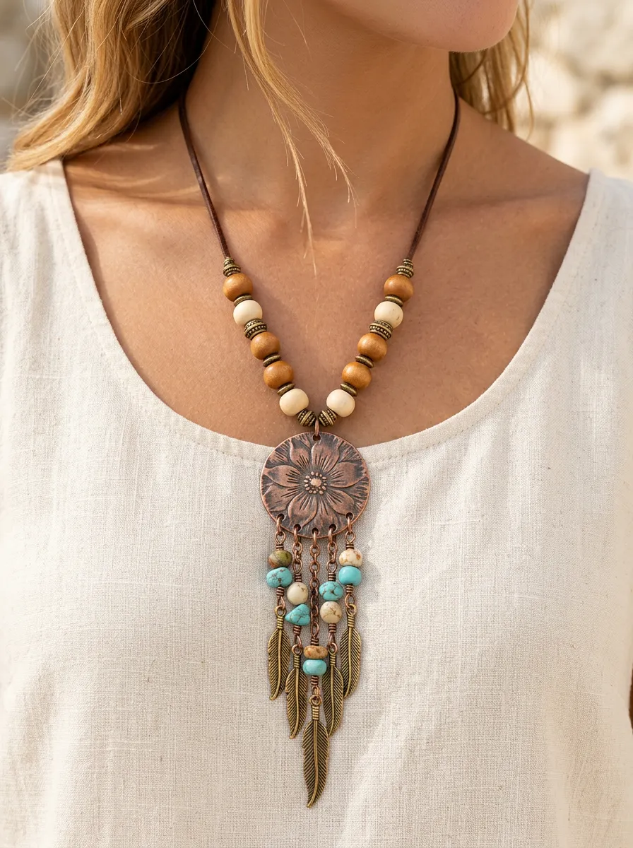 Floral Beaded Western Pendant Necklace