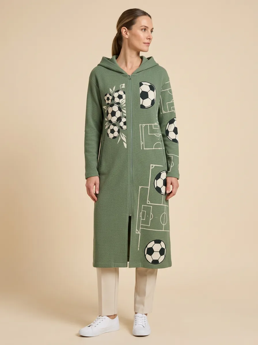Women's Soccer Field Graphic Zip-Up Hooded Long Cardigan