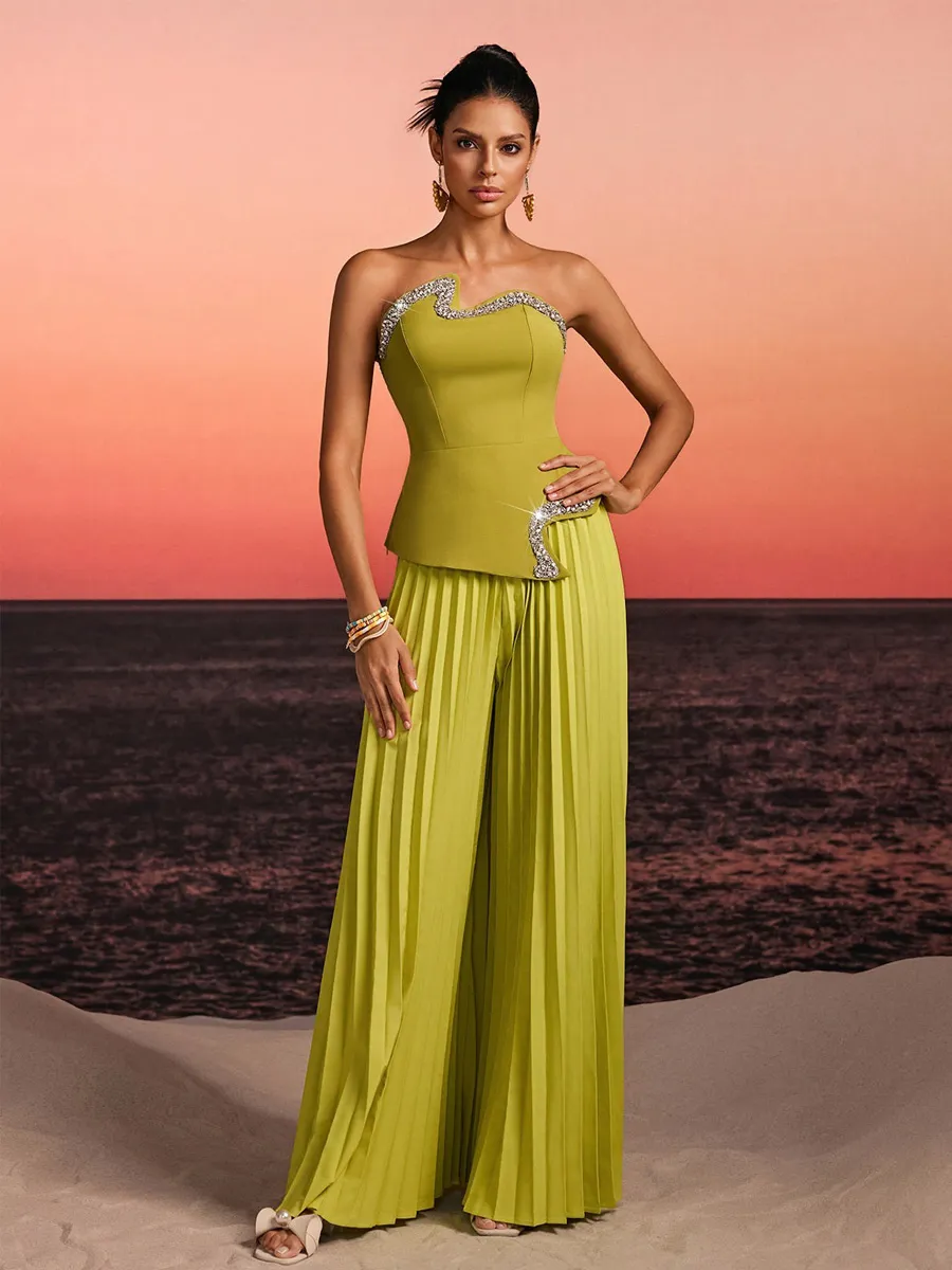 Persephone Strapless Crystal Pleated Pants Set In Green