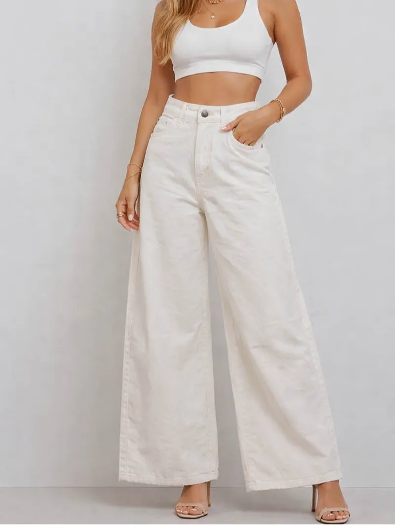 Jacquard Button Pocket Wide Leg Denim Pants