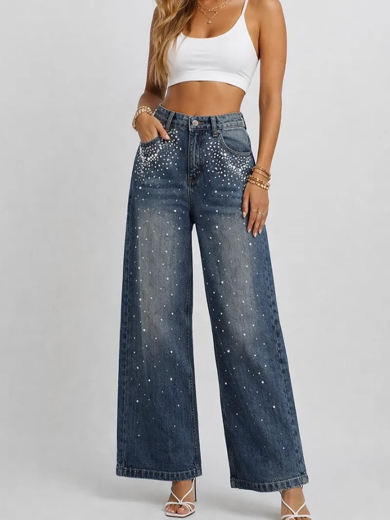 Faux Pearl Button Waist Wide Leg Denim Pants