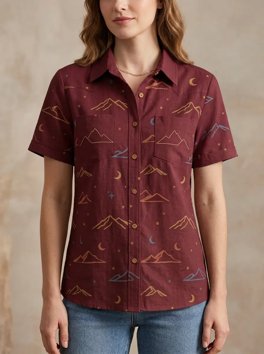 Women's Western Boho Mountain Moon Star Printed Short Sleeve Shirt