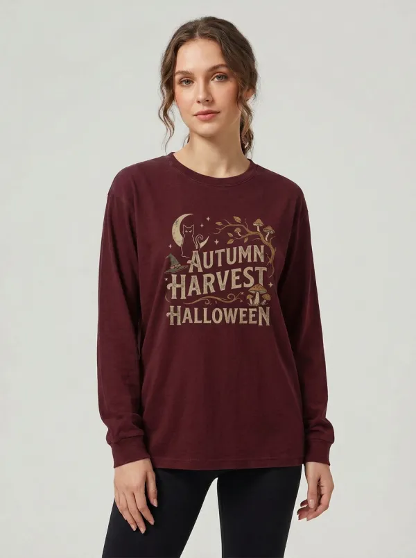 Women's Halloween Autumn Harvest Black Cat Mushroom Printed Long Sleeve T-shirt