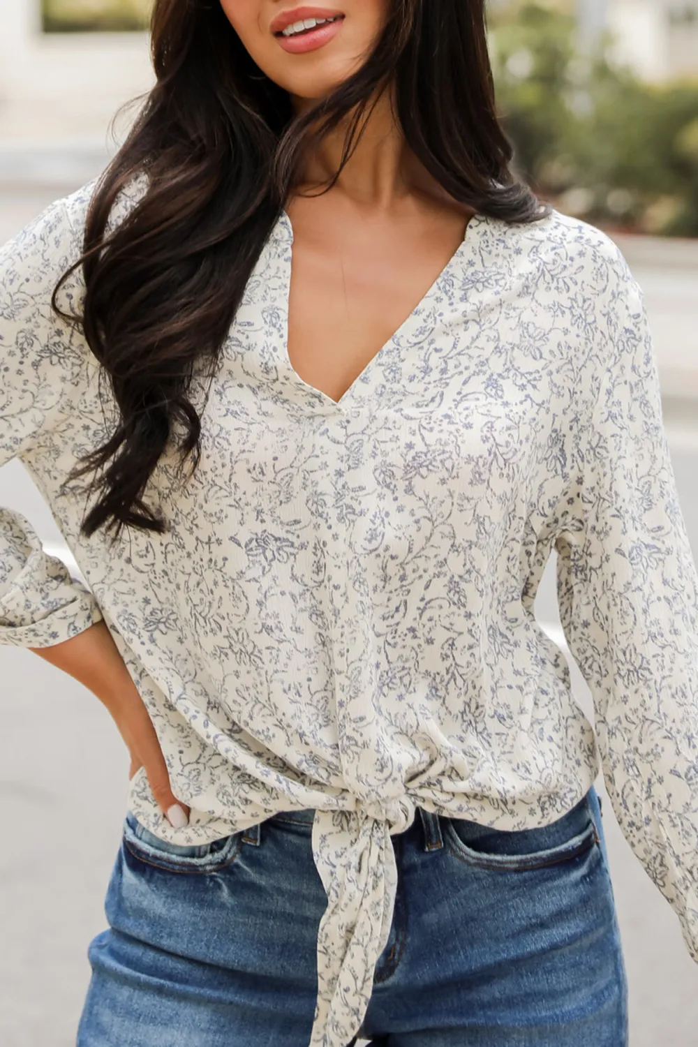 Cream Floral Tie-Front Blouse