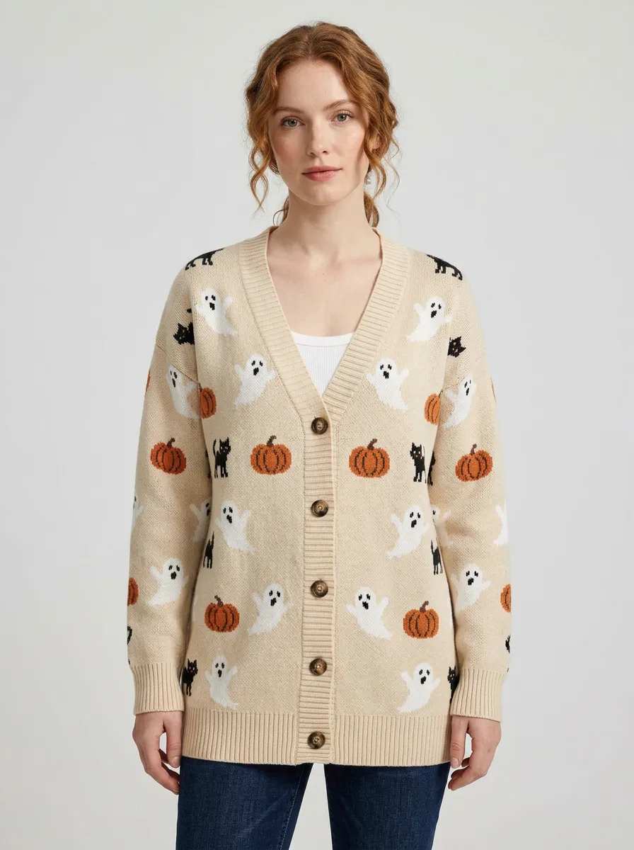 Women's Halloween Ghost Pumpkin Cat Pattern Printed Cardigan