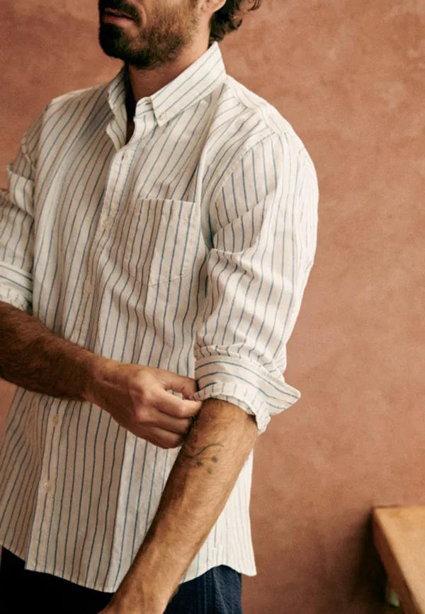 White Blue Stripe Cotton Linen Blend Button Down Shirt