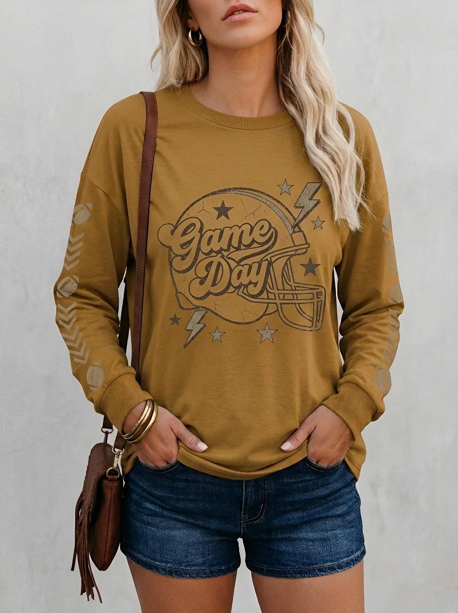 Women's Football Game Day Helmet Stars Printed Long Sleeve Shirt