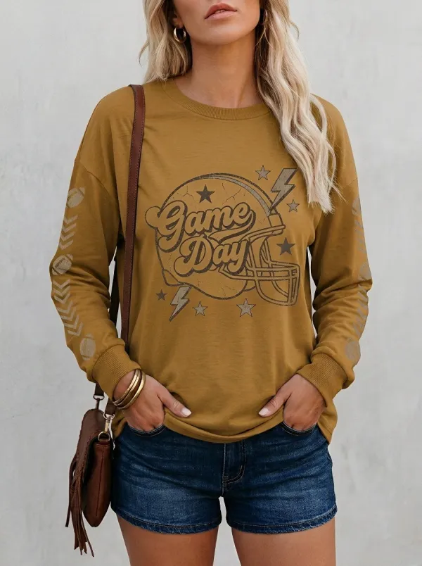Women's Football Game Day Helmet Stars Printed Long Sleeve Shirt