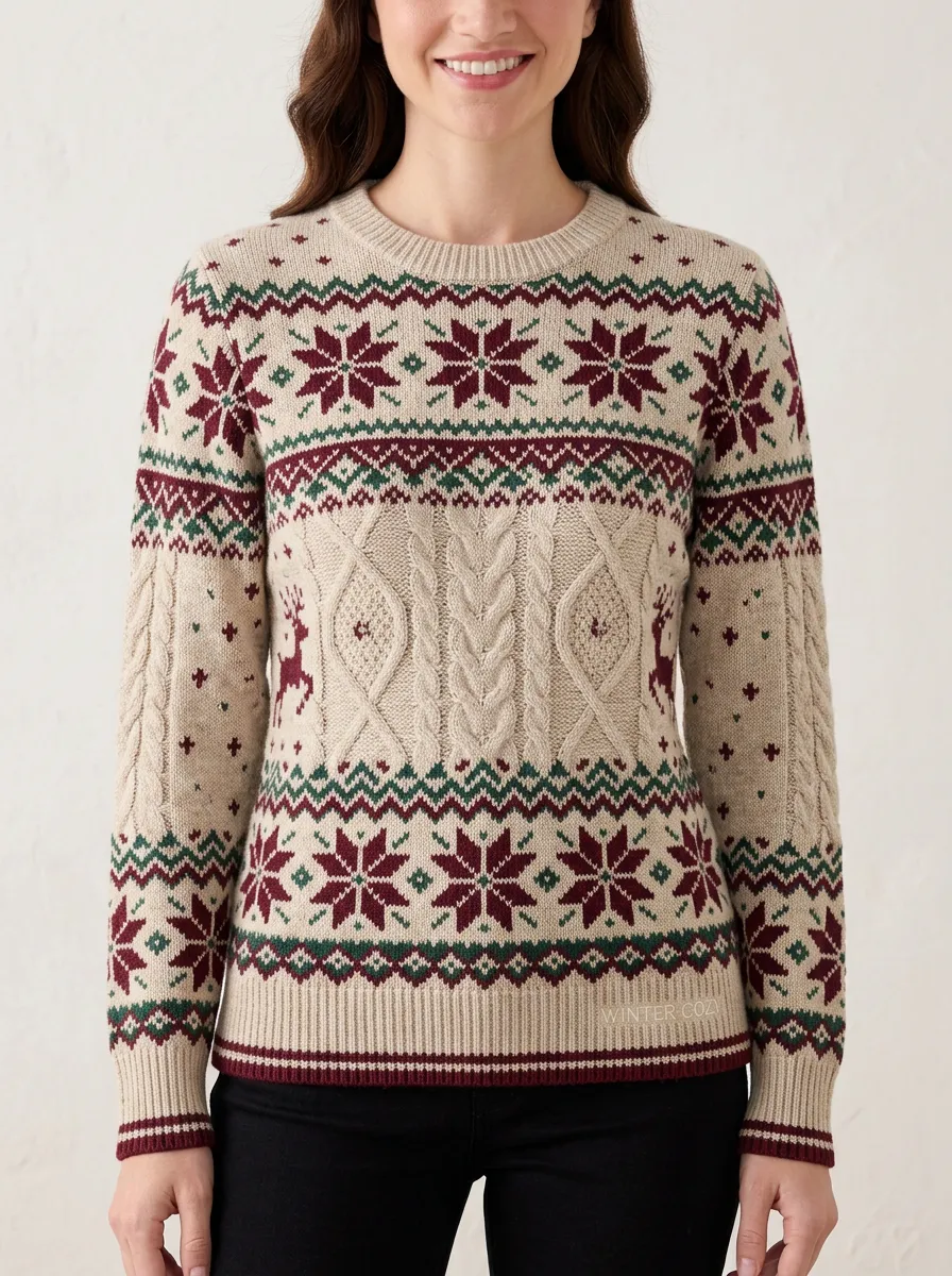 Festive Christmas Holiday Reindeer Snowflake Pattern Print Sweater
