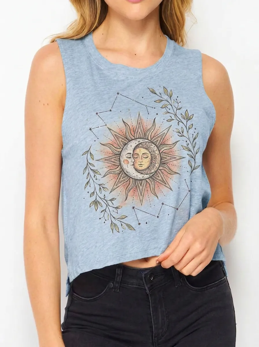 Women's Celestial Boho Sun Moon Leaf Printed Crop Tank Top