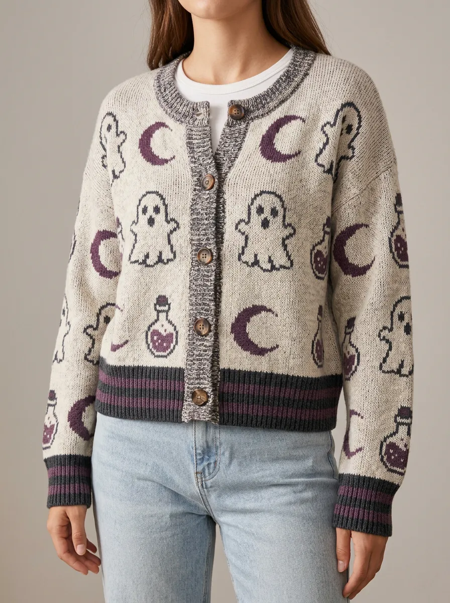 Women's Halloween Ghost Moon Potion Pattern Printed Cardigan