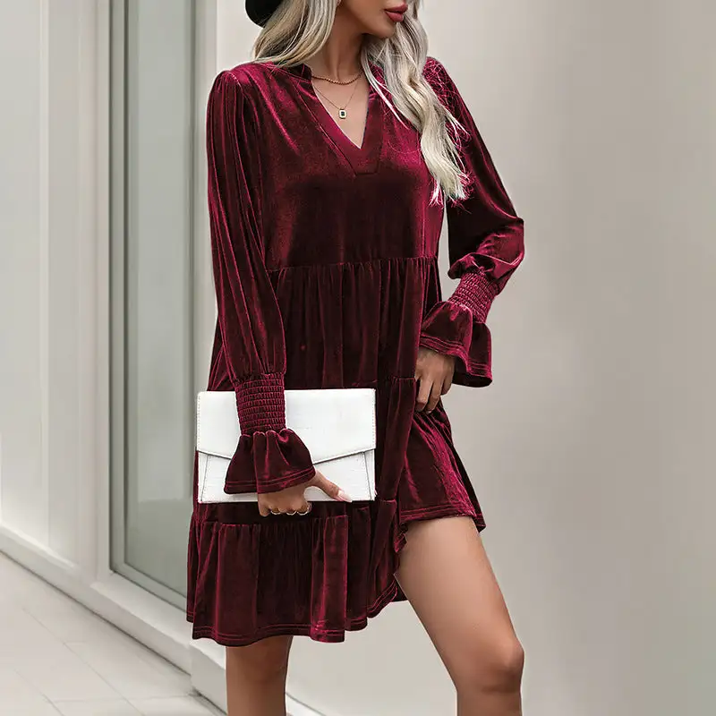 Women's V-Neck Velvet Ruffled Evening Dress