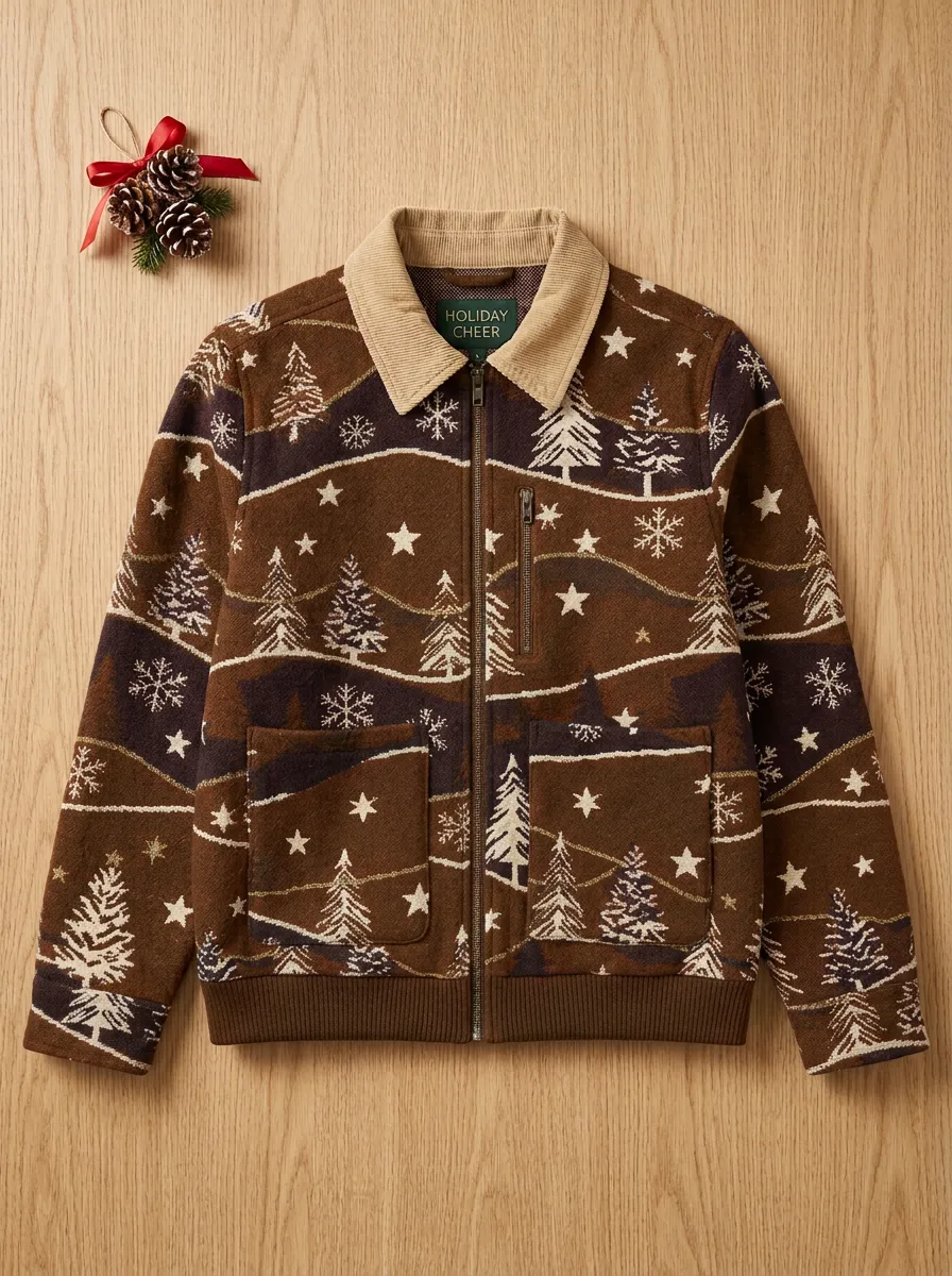 Unisex Christmas Holiday Tree Snowflake Pattern Print Jacket