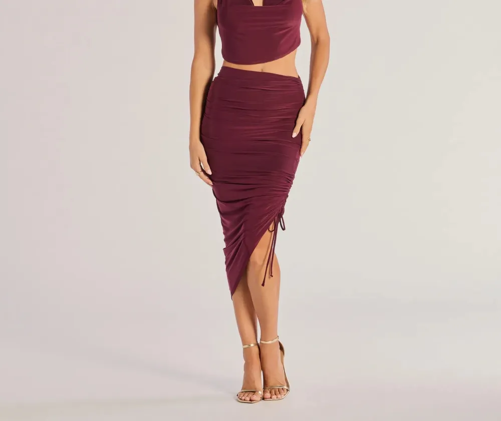 Plum Knit High-Rise Ruched Slit Midi Skirt