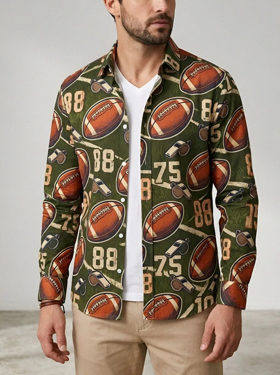 Men's American Football Fan Whistle Number Printed Long Sleeve Shirt