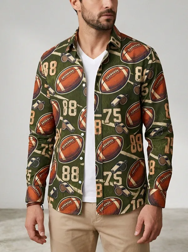 Men's American Football Fan Whistle Number Printed Long Sleeve Shirt