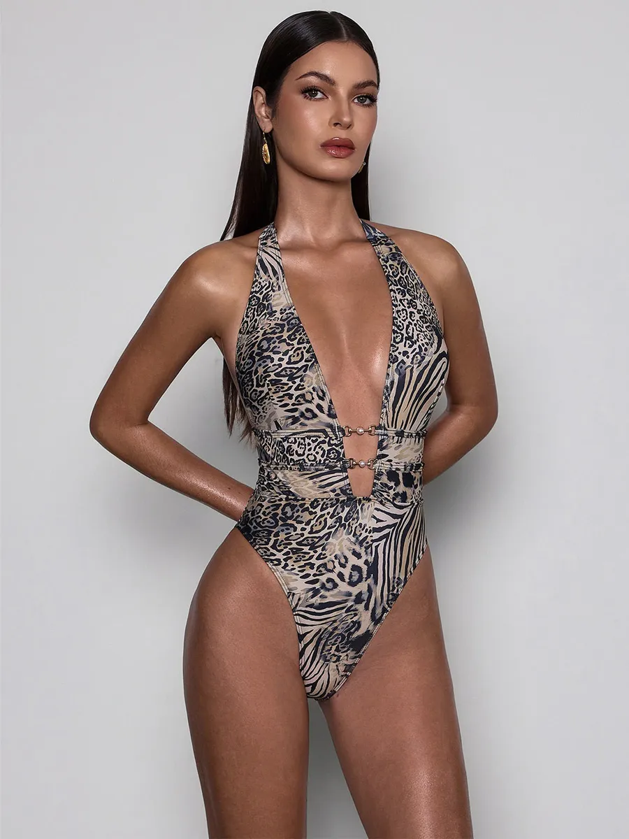 Milana Plunge Neck Animal Printed Bodysuit