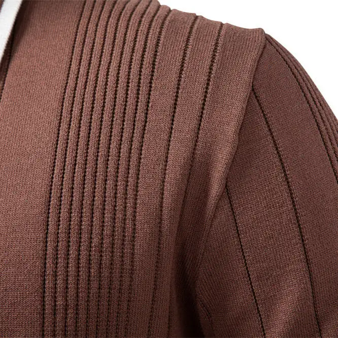 Men's Long-sleeved Polo Sweater Fine Knit With Vertical Ribbed Intarsias And Contrast Edges