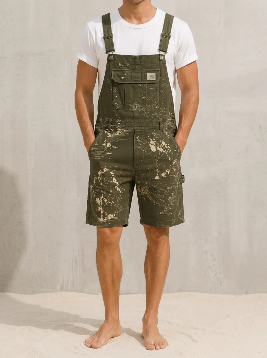 Men's Casual Olive Paint Splatter Printed Bib Overalls Shorts