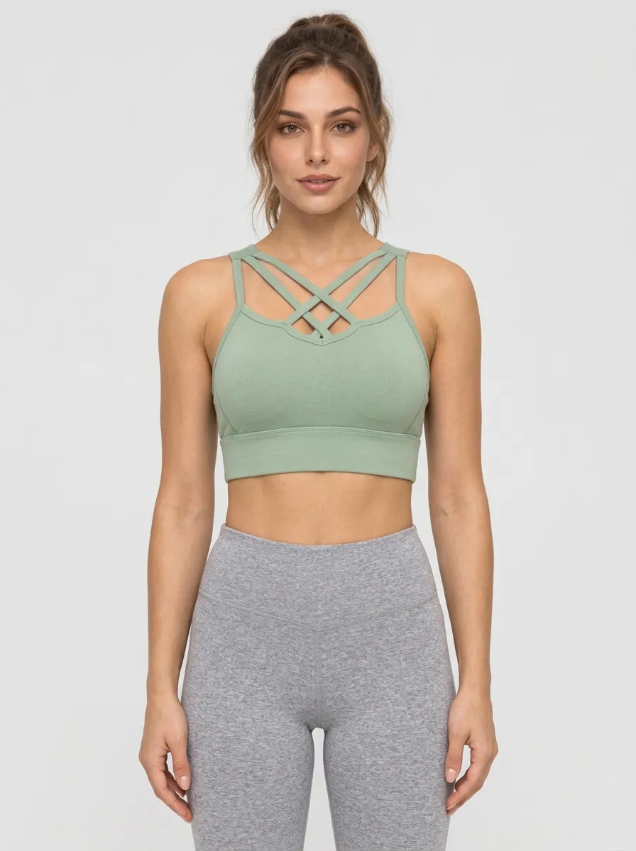 Women's Sage Green Printed Cross Back Sports Bra