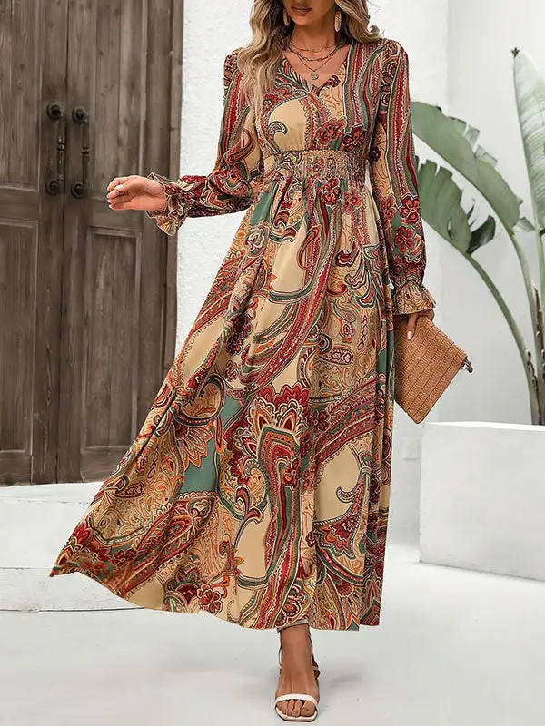 Elasticity Printed Neck Maxi Dress