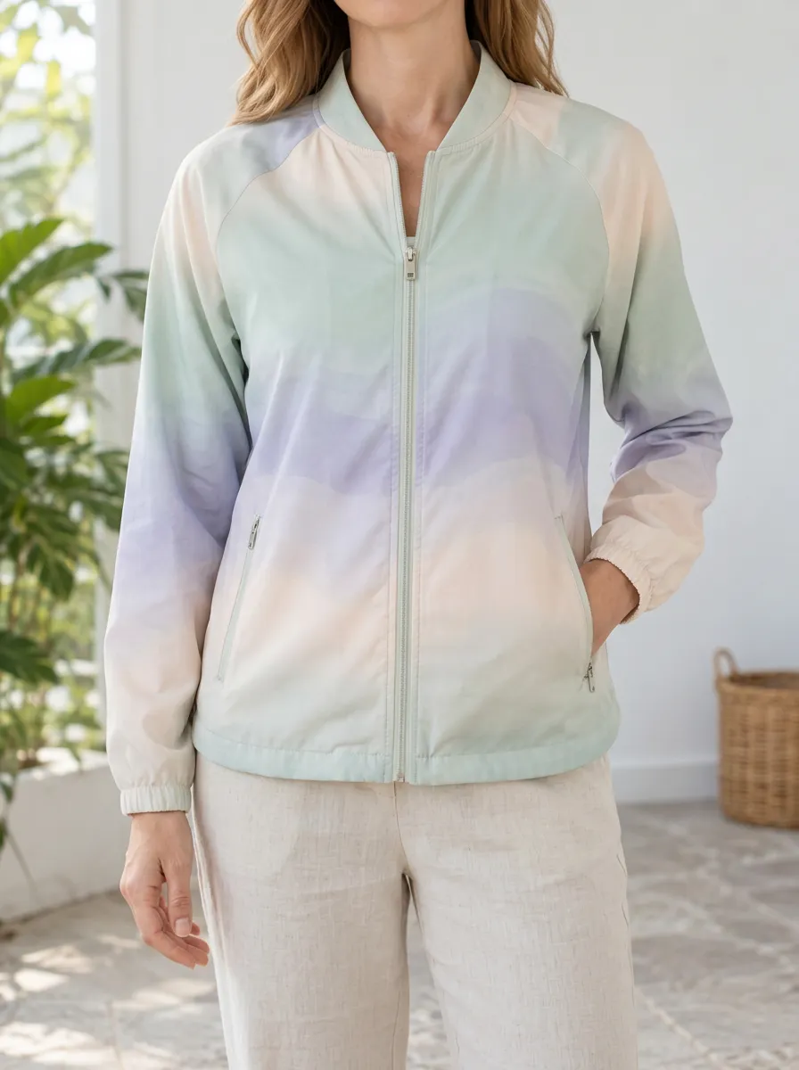 Women's Pastel Ombre Watercolor Printed Bomber Jacket