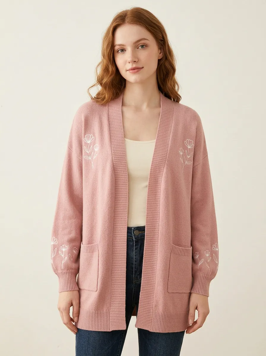 Pink Casual Floral Minimalist Embroidered Cardigan