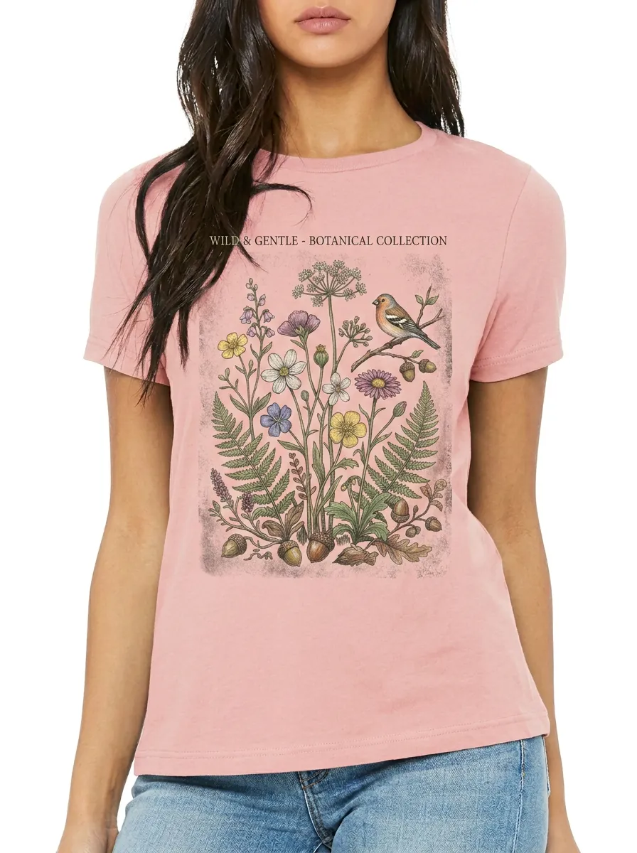 Women's Nature Lover Botanical Bird and Wildflower Printed T-shirt