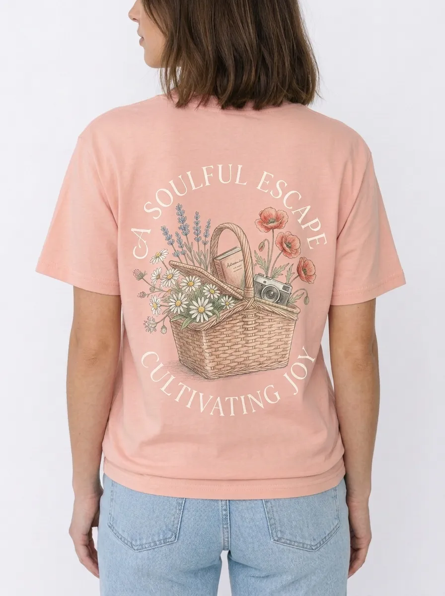 Women's Picnic Lover Flower Basket Camera Printed T-shirt