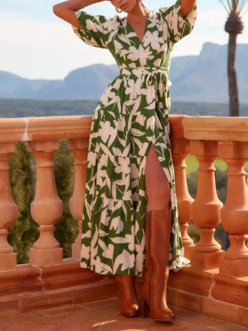 V Neck Short Sleeved Slit Printed Midi Dress