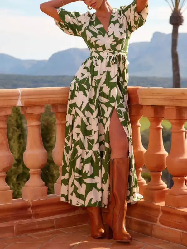 V Neck Short Sleeved Slit Printed Midi Dress