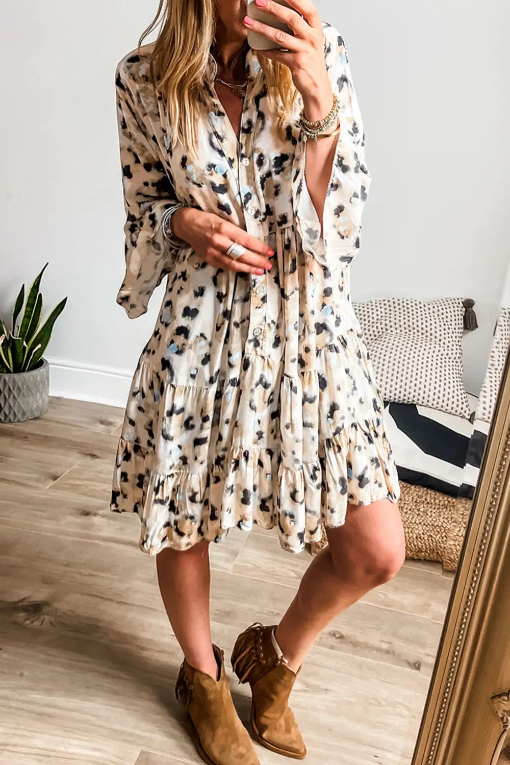 Weekend Animal Print Ruffle Trim Tiered Mini Dress