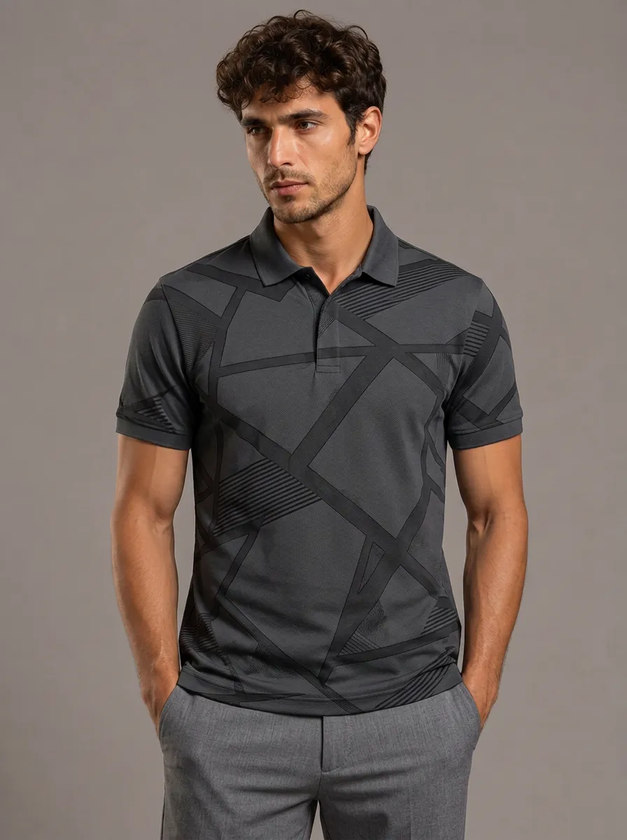 Men's Geometric Print Short-Sleeve Polo with All-Over geometric pattern featuring solid and linear-striped segments