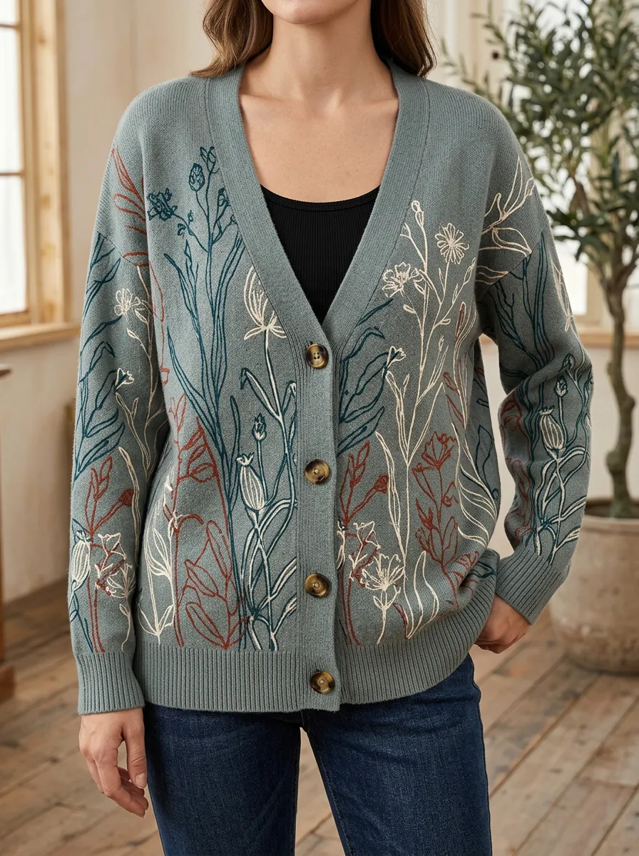 Women's Botanical Nature Lover Wildflower Printed Button Front Casual Layering Cardigan