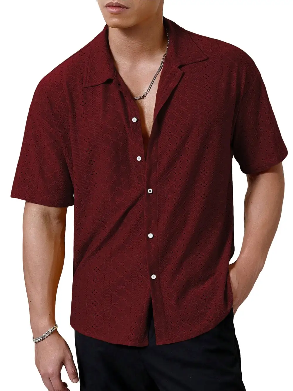 Men's Short-Sleeve Casual Shirt With Openwork Embroidery Lapel Collar And Relaxed Fit