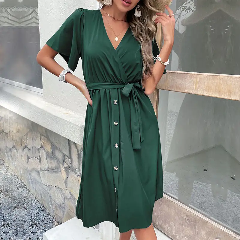 Women's Wrap V-Neck Belted Dress